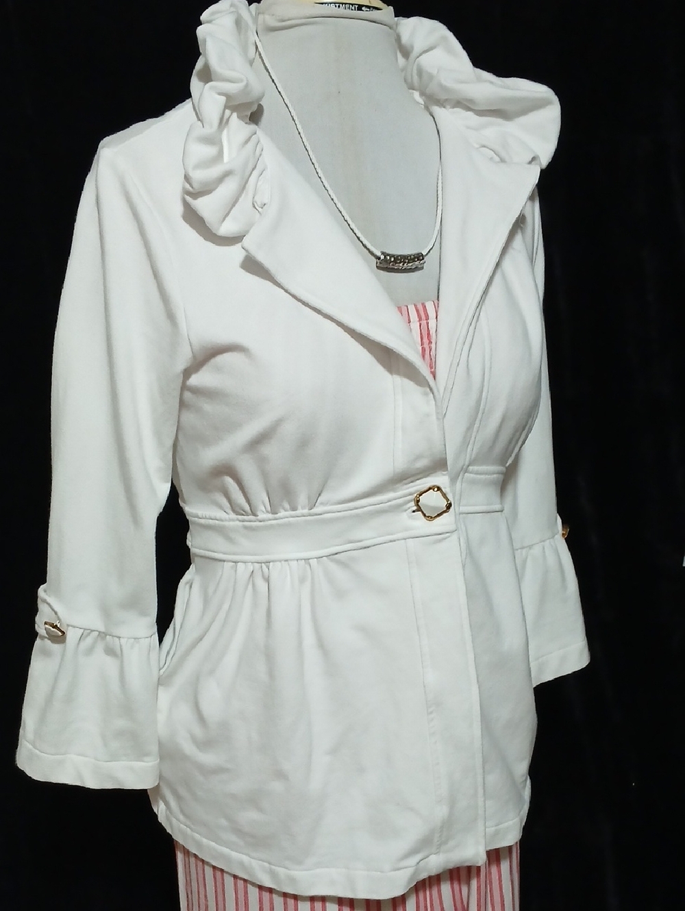 White Ruffle-Collar Belted Blazer Jacket